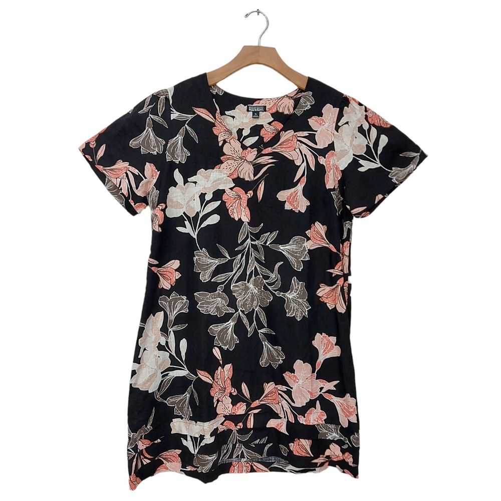 Nicole Miller Womens Linen Blend Shift Dress XL Black Floral V-Neck Pleated Hem